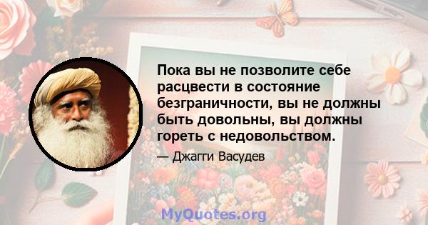 Пока вы не позволите себе расцвести в состояние безграничности, вы не должны быть довольны, вы должны гореть с недовольством.