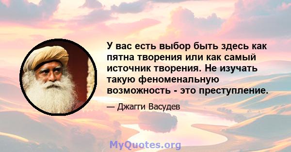 У вас есть выбор быть здесь как пятна творения или как самый источник творения. Не изучать такую ​​феноменальную возможность - это преступление.