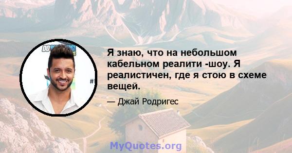 Я знаю, что на небольшом кабельном реалити -шоу. Я реалистичен, где я стою в схеме вещей.