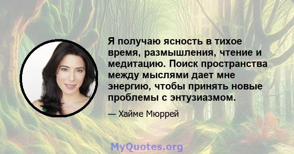 Я получаю ясность в тихое время, размышления, чтение и медитацию. Поиск пространства между мыслями дает мне энергию, чтобы принять новые проблемы с энтузиазмом.