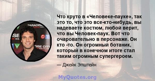 Что круто в «Человеке-пауке», так это то, что это все-кто-нибудь, вы надеваете костюм, любой верит, что вы Человек-паук. Вот что очаровательно в персонаже. Он кто -то. Он огромный ботаник, который в конечном итоге стал