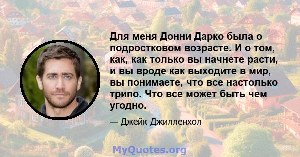 Для меня Донни Дарко была о подростковом возрасте. И о том, как, как только вы начнете расти, и вы вроде как выходите в мир, вы понимаете, что все настолько трипо. Что все может быть чем угодно.