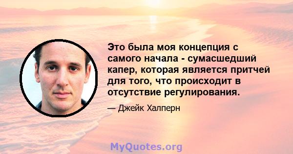 Это была моя концепция с самого начала - сумасшедший капер, которая является притчей для того, что происходит в отсутствие регулирования.