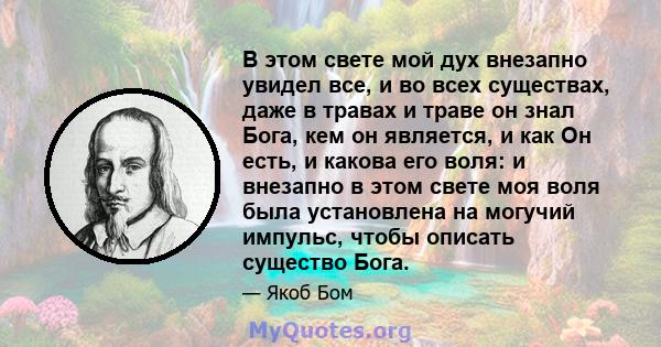 В этом свете мой дух внезапно увидел все, и во всех существах, даже в травах и траве он знал Бога, кем он является, и как Он есть, и какова его воля: и внезапно в этом свете моя воля была установлена на могучий импульс, 