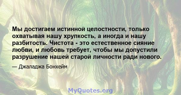 Мы достигаем истинной целостности, только охватывая нашу хрупкость, а иногда и нашу разбитость. Чистота - это естественное сияние любви, и любовь требует, чтобы мы допустили разрушение нашей старой личности ради нового.