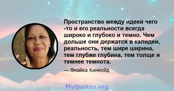 Пространство между идеей чего -то и его реальности всегда широко и глубоко и темно. Чем дольше они держатся в калидеи, реальность, тем шире ширина, тем глубже глубина, тем толще и темнее темнота.