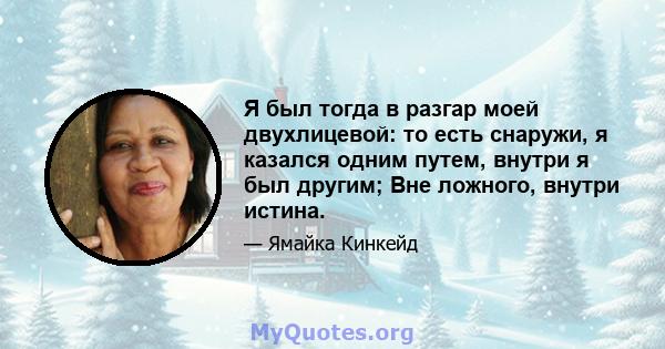 Я был тогда в разгар моей двухлицевой: то есть снаружи, я казался одним путем, внутри я был другим; Вне ложного, внутри истина.