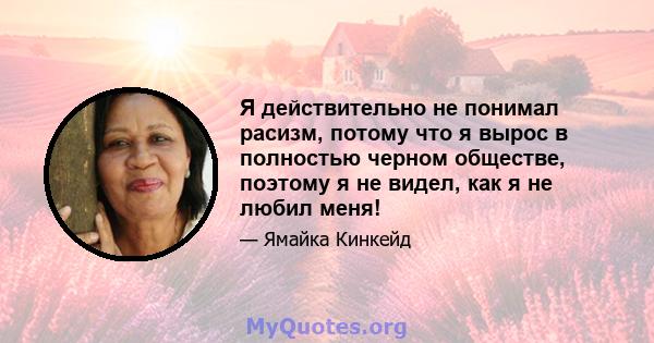 Я действительно не понимал расизм, потому что я вырос в полностью черном обществе, поэтому я не видел, как я не любил меня!