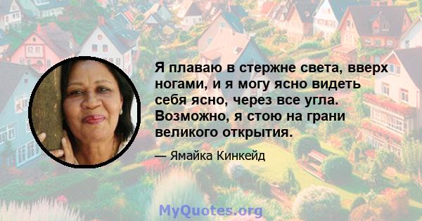 Я плаваю в стержне света, вверх ногами, и я могу ясно видеть себя ясно, через все угла. Возможно, я стою на грани великого открытия.