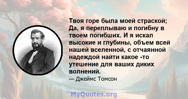 Твоя горе была моей страской; Да, я переплываю и погибну в твоем погибших. И я искал высокие и глубины, объем всей нашей вселенной, с отчаянной надеждой найти какое -то утешение для ваших диких волнений.