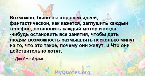 Возможно, было бы хорошей идеей, фантастической, как кажется, заглушить каждый телефон, остановить каждый мотор и когда -нибудь остановить все занятия, чтобы дать людям возможность размышлять несколько минут на то, что