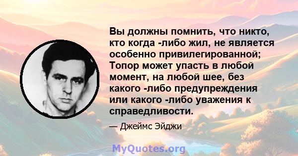 Вы должны помнить, что никто, кто когда -либо жил, не является особенно привилегированной; Топор может упасть в любой момент, на любой шее, без какого -либо предупреждения или какого -либо уважения к справедливости.