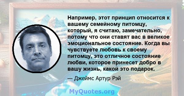 Например, этот принцип относится к вашему семейному питомцу, который, я считаю, замечательно, потому что они ставят вас в великое эмоциональное состояние. Когда вы чувствуете любовь к своему питомцу, это отличное