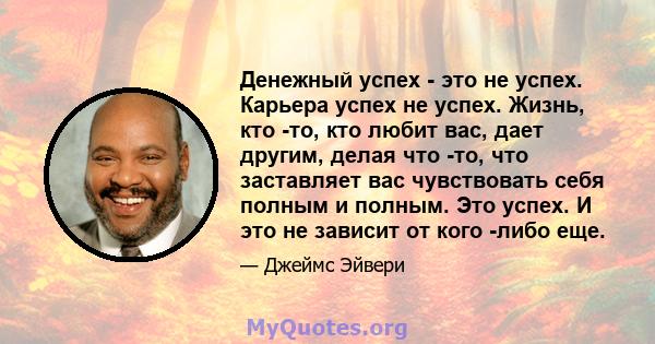 Денежный успех - это не успех. Карьера успех не успех. Жизнь, кто -то, кто любит вас, дает другим, делая что -то, что заставляет вас чувствовать себя полным и полным. Это успех. И это не зависит от кого -либо еще.