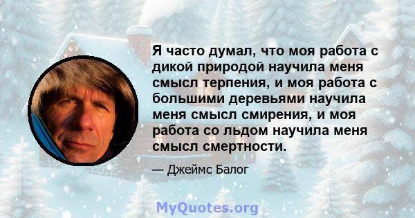 Я часто думал, что моя работа с дикой природой научила меня смысл терпения, и моя работа с большими деревьями научила меня смысл смирения, и моя работа со льдом научила меня смысл смертности.