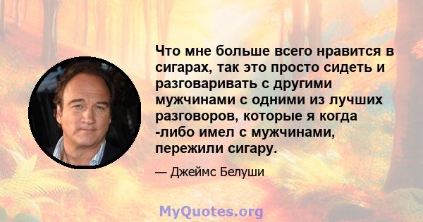 Что мне больше всего нравится в сигарах, так это просто сидеть и разговаривать с другими мужчинами с одними из лучших разговоров, которые я когда -либо имел с мужчинами, пережили сигару.