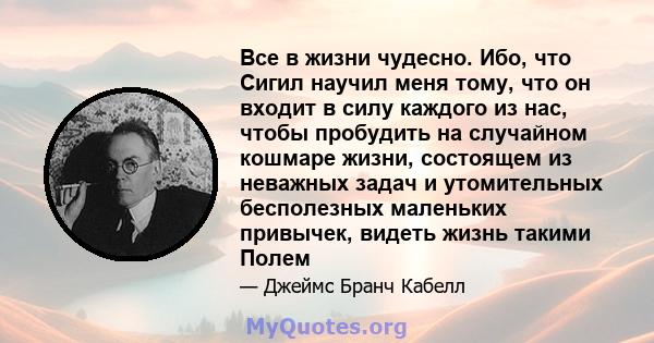 Все в жизни чудесно. Ибо, что Сигил научил меня тому, что он входит в силу каждого из нас, чтобы пробудить на случайном кошмаре жизни, состоящем из неважных задач и утомительных бесполезных маленьких привычек, видеть