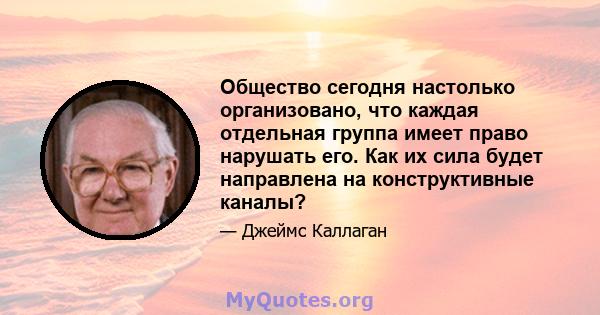 Общество сегодня настолько организовано, что каждая отдельная группа имеет право нарушать его. Как их сила будет направлена ​​на конструктивные каналы?