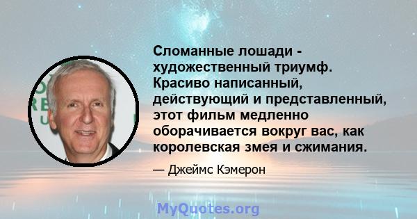 Сломанные лошади - художественный триумф. Красиво написанный, действующий и представленный, этот фильм медленно оборачивается вокруг вас, как королевская змея и сжимания.