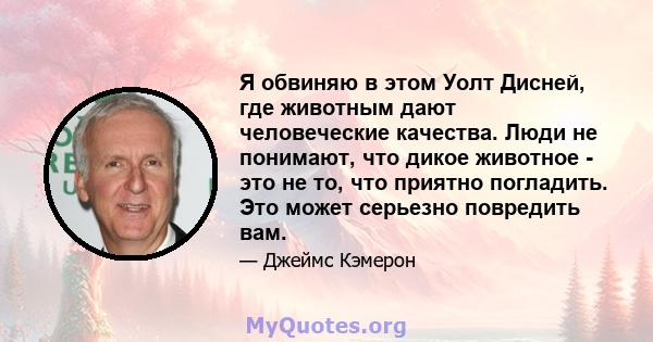 Я обвиняю в этом Уолт Дисней, где животным дают человеческие качества. Люди не понимают, что дикое животное - это не то, что приятно погладить. Это может серьезно повредить вам.