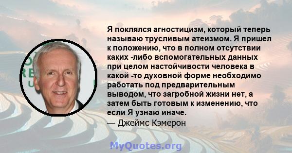 Я поклялся агностицизм, который теперь называю трусливым атеизмом. Я пришел к положению, что в полном отсутствии каких -либо вспомогательных данных при целом настойчивости человека в какой -то духовной форме необходимо