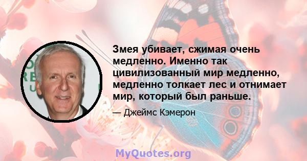 Змея убивает, сжимая очень медленно. Именно так цивилизованный мир медленно, медленно толкает лес и отнимает мир, который был раньше.