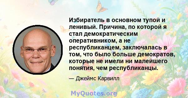 Избиратель в основном тупой и ленивый. Причина, по которой я стал демократическим оперативником, а не республиканцем, заключалась в том, что было больше демократов, которые не имели ни малейшего понятия, чем