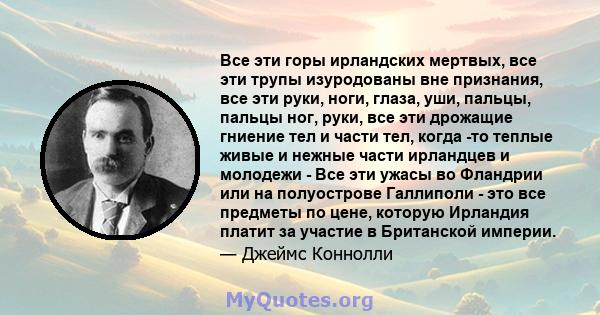 Все эти горы ирландских мертвых, все эти трупы изуродованы вне признания, все эти руки, ноги, глаза, уши, пальцы, пальцы ног, руки, все эти дрожащие гниение тел и части тел, когда -то теплые живые и нежные части