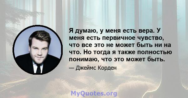 Я думаю, у меня есть вера. У меня есть первичное чувство, что все это не может быть ни на что. Но тогда я также полностью понимаю, что это может быть.