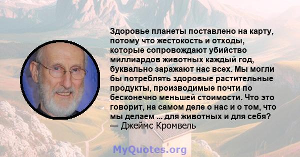 Здоровье планеты поставлено на карту, потому что жестокость и отходы, которые сопровождают убийство миллиардов животных каждый год, буквально заражают нас всех. Мы могли бы потреблять здоровые растительные продукты,