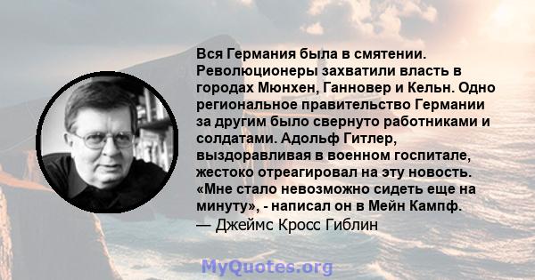 Вся Германия была в смятении. Революционеры захватили власть в городах Мюнхен, Ганновер и Кельн. Одно региональное правительство Германии за другим было свернуто работниками и солдатами. Адольф Гитлер, выздоравливая в