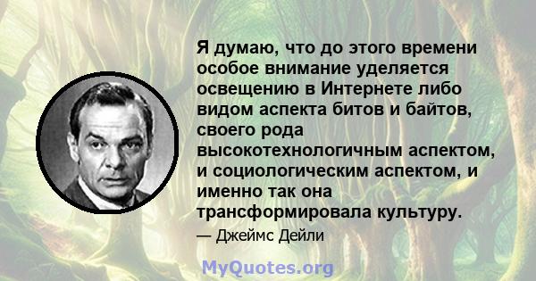 Я думаю, что до этого времени особое внимание уделяется освещению в Интернете либо видом аспекта битов и байтов, своего рода высокотехнологичным аспектом, и социологическим аспектом, и именно так она трансформировала