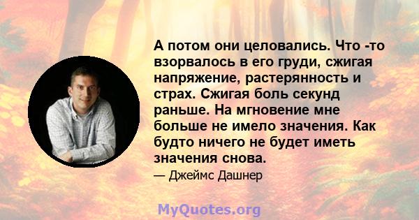 А потом они целовались. Что -то взорвалось в его груди, сжигая напряжение, растерянность и страх. Сжигая боль секунд раньше. На мгновение мне больше не имело значения. Как будто ничего не будет иметь значения снова.