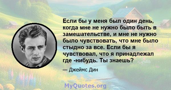 Если бы у меня был один день, когда мне не нужно было быть в замешательстве, и мне не нужно было чувствовать, что мне было стыдно за все. Если бы я чувствовал, что я принадлежал где -нибудь. Ты знаешь?