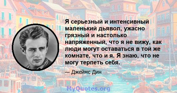 Я серьезный и интенсивный маленький дьявол, ужасно грязный и настолько напряженный, что я не вижу, как люди могут оставаться в той же комнате, что и я. Я знаю, что не могу терпеть себя.