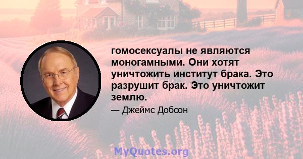 гомосексуалы не являются моногамными. Они хотят уничтожить институт брака. Это разрушит брак. Это уничтожит землю.