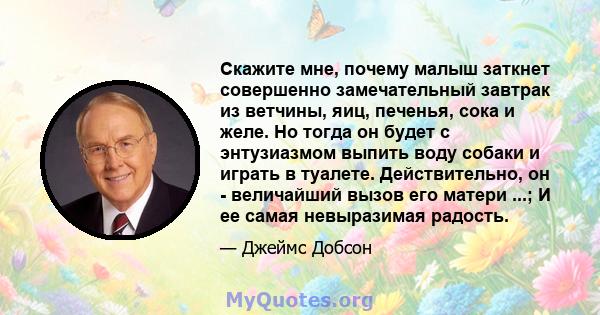 Скажите мне, почему малыш заткнет совершенно замечательный завтрак из ветчины, яиц, печенья, сока и желе. Но тогда он будет с энтузиазмом выпить воду собаки и играть в туалете. Действительно, он - величайший вызов его