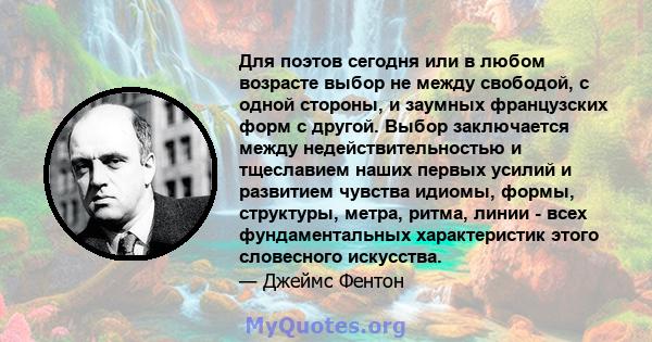 Для поэтов сегодня или в любом возрасте выбор не между свободой, с одной стороны, и заумных французских форм с другой. Выбор заключается между недействительностью и тщеславием наших первых усилий и развитием чувства