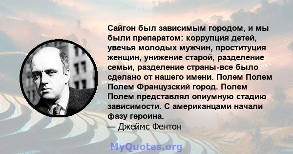 Сайгон был зависимым городом, и мы были препаратом: коррупция детей, увечья молодых мужчин, проституция женщин, унижение старой, разделение семьи, разделение страны-все было сделано от нашего имени. Полем Полем Полем