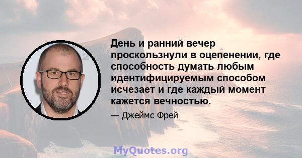 День и ранний вечер проскользнули в оцепенении, где способность думать любым идентифицируемым способом исчезает и где каждый момент кажется вечностью.