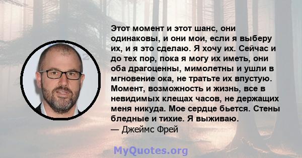 Этот момент и этот шанс, они одинаковы, и они мои, если я выберу их, и я это сделаю. Я хочу их. Сейчас и до тех пор, пока я могу их иметь, они оба драгоценны, мимолетны и ушли в мгновение ока, не тратьте их впустую.