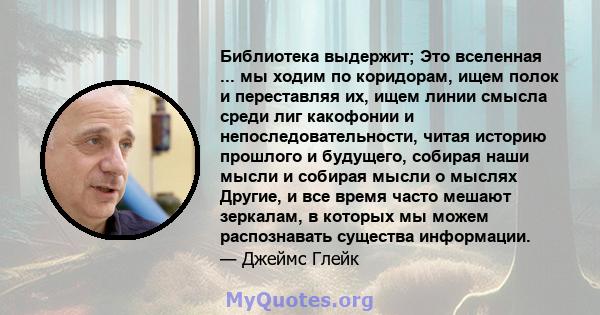 Библиотека выдержит; Это вселенная ... мы ходим по коридорам, ищем полок и переставляя их, ищем линии смысла среди лиг какофонии и непоследовательности, читая историю прошлого и будущего, собирая наши мысли и собирая