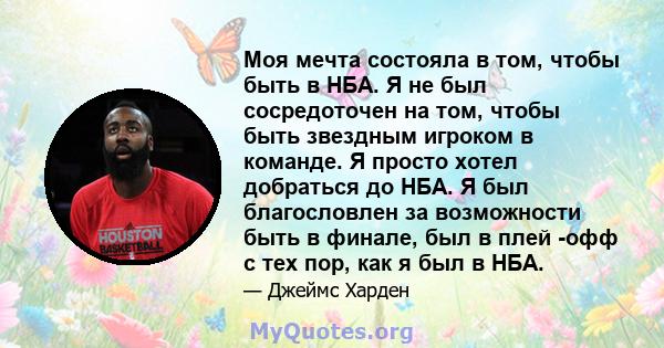 Моя мечта состояла в том, чтобы быть в НБА. Я не был сосредоточен на том, чтобы быть звездным игроком в команде. Я просто хотел добраться до НБА. Я был благословлен за возможности быть в финале, был в плей -офф с тех