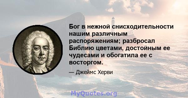 Бог в нежной снисходительности нашим различным распоряжениям; разбросал Библию цветами, достойным ее чудесами и обогатила ее с восторгом.