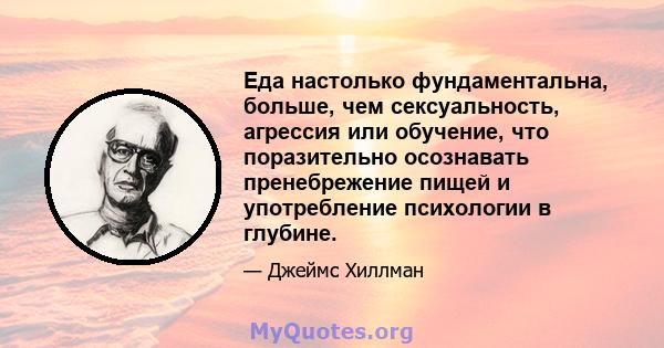 Еда настолько фундаментальна, больше, чем сексуальность, агрессия или обучение, что поразительно осознавать пренебрежение пищей и употребление психологии в глубине.