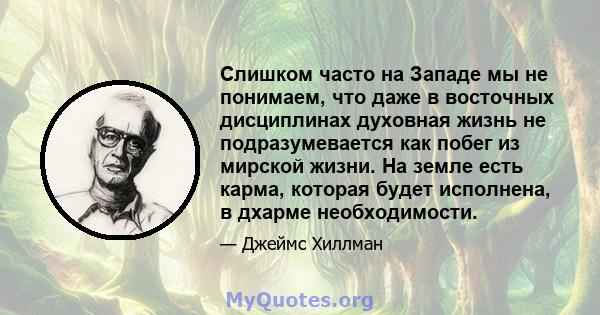 Слишком часто на Западе мы не понимаем, что даже в восточных дисциплинах духовная жизнь не подразумевается как побег из мирской жизни. На земле есть карма, которая будет исполнена, в дхарме необходимости.