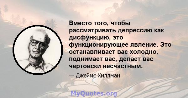 Вместо того, чтобы рассматривать депрессию как дисфункцию, это функционирующее явление. Это останавливает вас холодно, поднимает вас, делает вас чертовски несчастным.