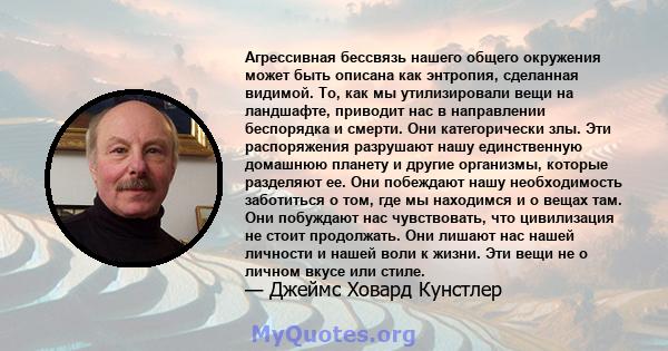 Агрессивная бессвязь нашего общего окружения может быть описана как энтропия, сделанная видимой. То, как мы утилизировали вещи на ландшафте, приводит нас в направлении беспорядка и смерти. Они категорически злы. Эти