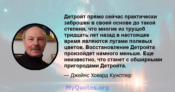 Детройт прямо сейчас практически заброшен в своей основе до такой степени, что многие из трущоб тридцать лет назад в настоящее время являются лугами полевых цветов. Восстановление Детройта произойдет намного меньше. Еще 