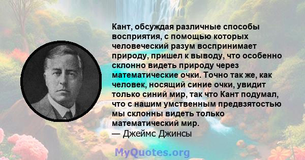 Кант, обсуждая различные способы восприятия, с помощью которых человеческий разум воспринимает природу, пришел к выводу, что особенно склонно видеть природу через математические очки. Точно так же, как человек, носящий